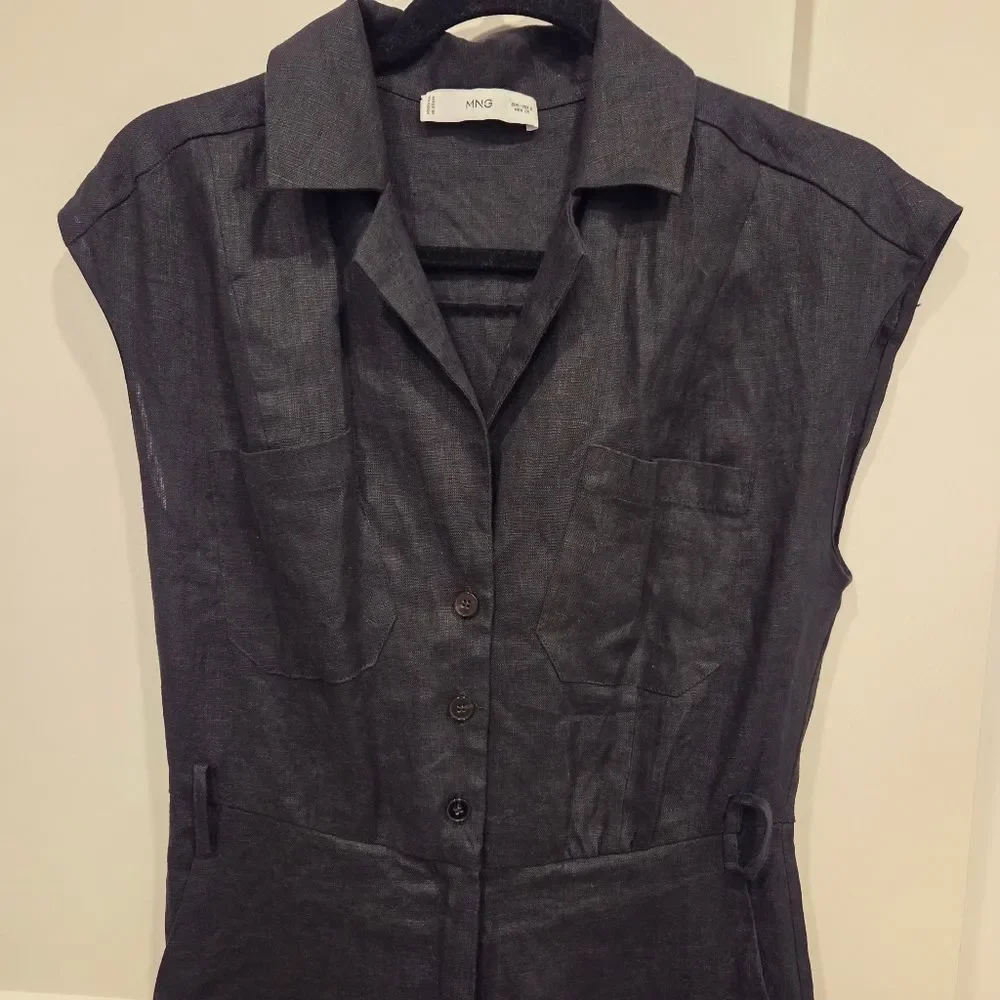 Mango Linen Women's Black Sleeveless Jumpsuit Crop Pant Button Front Pockets S